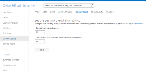 Office 365 password expiration policy