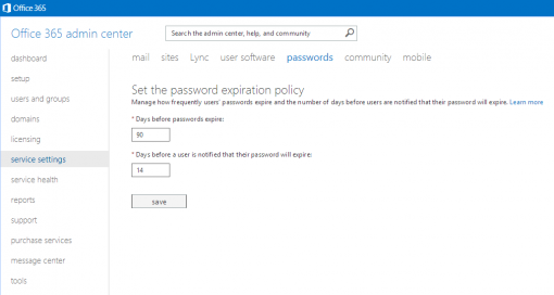 Office 365 password expiration policy